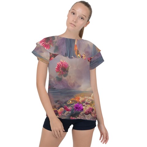 Floral Blossoms  Ruffle Collar Chiffon Blouse by Internationalstore