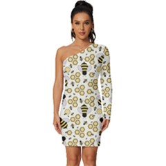 Bee Honeycomb Honeybee Insect Long Sleeve One Shoulder Mini Dress by Pakjumat