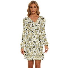 Bee Honeycomb Honeybee Insect Long Sleeve Waist Tie Ruffle Velvet Dress by Pakjumat