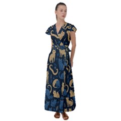 Cat Pattern Animal Flutter Sleeve Maxi Dress by Pakjumat