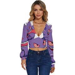 Purple Funny Monster Long Sleeve Deep-v Velour Top by Sarkoni