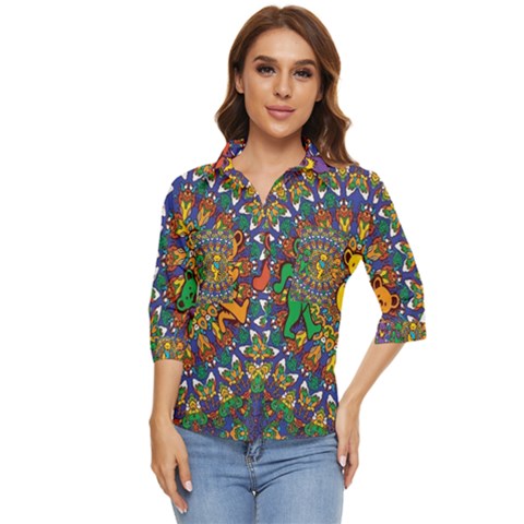 Grateful Dead Pattern Women s Quarter Sleeve Pocket Shirt by Sarkoni