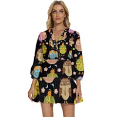 Cute Owls Pattern V-neck Placket Mini Dress by Ket1n9