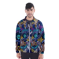 Cartoon-hand-drawn-doodles-on-the-subject-of-space-style-theme-seamless-pattern-vector-background Men s Windbreaker by Ket1n9