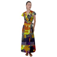 Abstract-vibrant-colour Flutter Sleeve Maxi Dress by Ket1n9