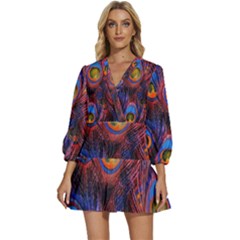 Pretty Peacock Feather V-neck Placket Mini Dress by Ket1n9