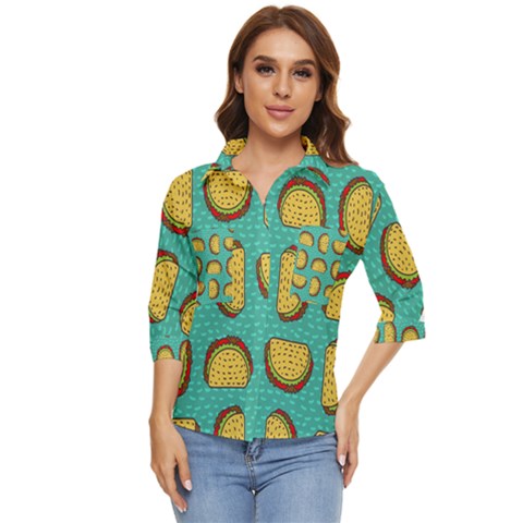Taco-drawing-background-mexican-fast-food-pattern Women s Quarter Sleeve Pocket Shirt by Ket1n9
