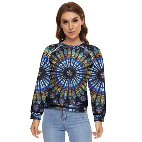 Stained Glass Rose Window In France s Strasbourg Cathedral Women s Long Sleeve Raglan T-shirt by Ket1n9