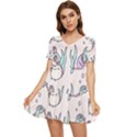 Cartoon Cat Cute Animal Design Drawing Illustration Kawaii Tiered Short Sleeve Babydoll Dress View1