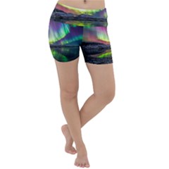 Aurora Borealis Polar Northern Lights Natural Phenomenon North Night Mountains Lightweight Velour Yoga Shorts by Grandong
