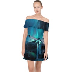 Aurora Borealis Mountain Reflection Off Shoulder Chiffon Dress by Grandong