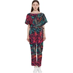 Vintage Flash Tattoos Designs Seamless Pattern Batwing Lightweight Chiffon Jumpsuit by Amaryn4rt