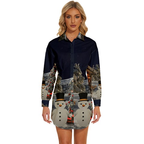 Christmas-landscape Womens Long Sleeve Shirt Dress by Amaryn4rt