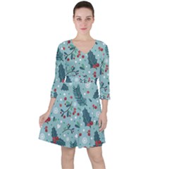 Seamless-pattern-with-berries-leaves Quarter Sleeve Ruffle Waist Dress by Amaryn4rt