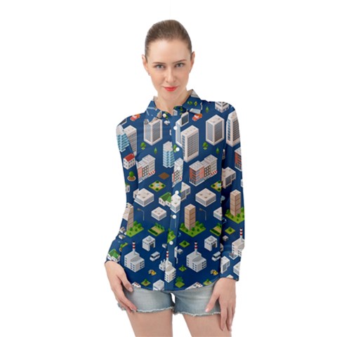 Isometric-seamless-pattern-megapolis Long Sleeve Chiffon Shirt by Amaryn4rt
