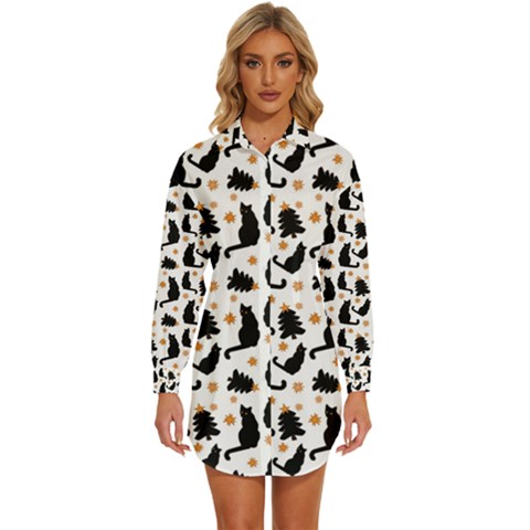 Black-cat-star-christmas-tree Womens Long Sleeve Shirt Dress by Amaryn4rt