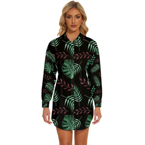 Abstract-seamless-pattern-with-tropical-leaves Womens Long Sleeve Shirt Dress by Amaryn4rt