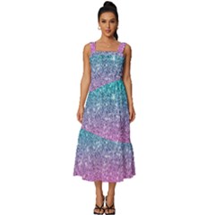 Pink And Turquoise Glitter Square Neckline Tiered Midi Dress by Sarkoni