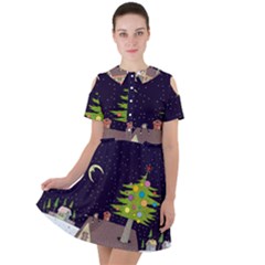 House Tree Man Moon Night Stars Short Sleeve Shoulder Cut Out Dress  by Pakjumat