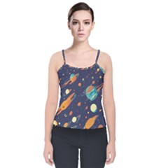 Space Galaxy Planet Universe Stars Night Fantasy Velvet Spaghetti Strap Top by Pakjumat
