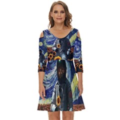 Starry Surreal Psychedelic Astronaut Space Shoulder Cut Out Zip Up Dress by Pakjumat
