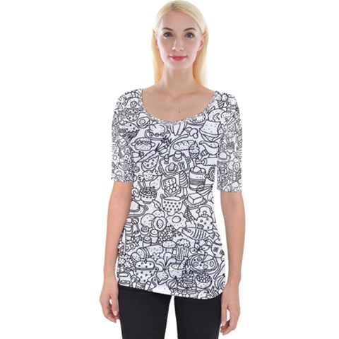 Food Doodle Pattern Wide Neckline T-shirt by Sarkoni