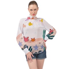 Cartoon Marine Life Marine Drawing High Neck Long Sleeve Chiffon Top by Sarkoni