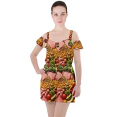 Fruit Snack Diet Bio Food Healthy Ruffle Cut Out Chiffon Playsuit by Sarkoni