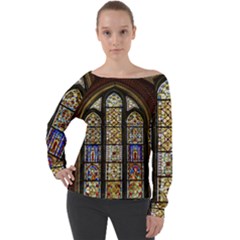 Stained Glass Window Old Antique Off Shoulder Long Sleeve Velour Top by Sarkoni