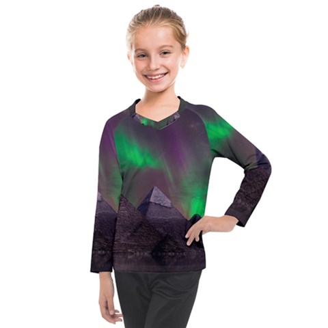Fantasy Pyramid Mystic Space Aurora Kids  Long Mesh T-shirt by Grandong