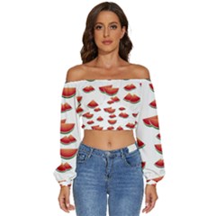 Summer Watermelon Pattern Long Sleeve Crinkled Weave Crop Top by Dutashop
