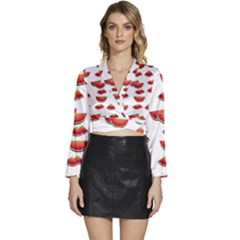 Summer Watermelon Pattern Long Sleeve Tie Back Satin Wrap Top by Dutashop