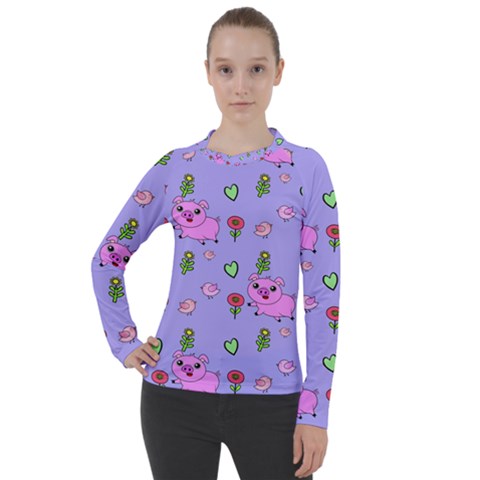 Flower Pink Pig Piggy Seamless Women s Pique Long Sleeve T-shirt by Ravend