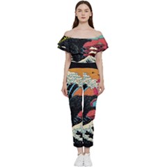 Retro Wave Kaiju Godzilla Japanese Pop Art Style Bardot Ruffle Jumpsuit by Modalart