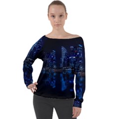 Illuminated Cityscape Against Blue Sky At Night Off Shoulder Long Sleeve Velour Top by Modalart