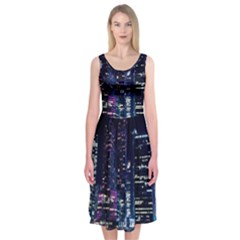 Black Building Lighted Under Clear Sky Midi Sleeveless Dress by Modalart