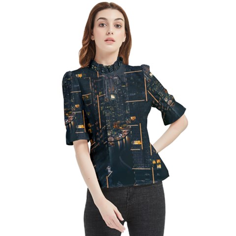 Photo Of Buildings During Nighttime Frill Neck Blouse by Modalart