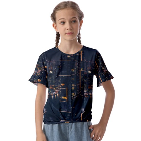 Photo Of Buildings During Nighttime Kids  Cuff Sleeve Scrunch Bottom T-shirt by Modalart