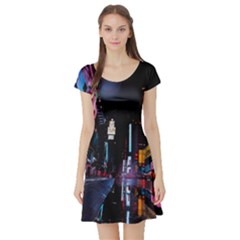 Roadway Surrounded Building During Nighttime Short Sleeve Skater Dress by Modalart