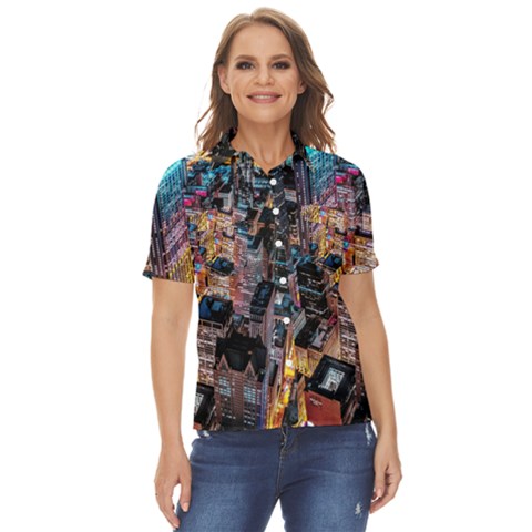 Aerial Photo Of Cityscape At Night Women s Short Sleeve Double Pocket Shirt by Modalart