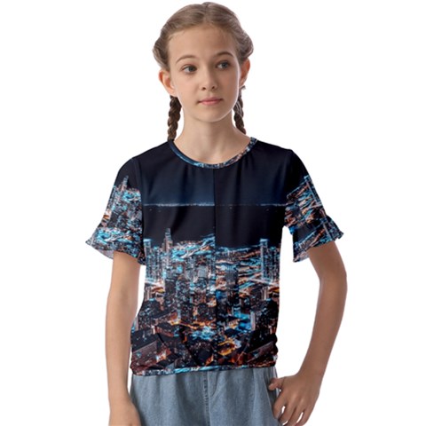 Aerial Photography Of Lighted High Rise Buildings Kids  Cuff Sleeve Scrunch Bottom T-shirt by Modalart
