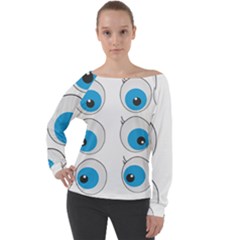 Eyes Comic Cartoon Fun Funny Toon Off Shoulder Long Sleeve Velour Top by Ndabl3x