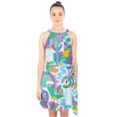 Pattern Hotdog Trap Halter Collar Waist Tie Chiffon Dress by Ndabl3x