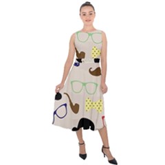 Moustache Hat Bowler Bowler Hat Midi Tie-back Chiffon Dress by Apen