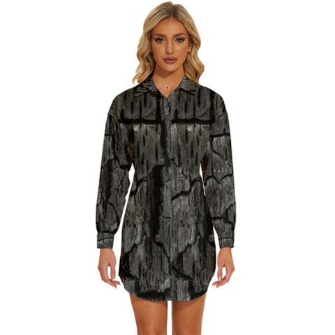 Coal Charred Tree Pore Black Womens Long Sleeve Shirt Dress by Amaryn4rt