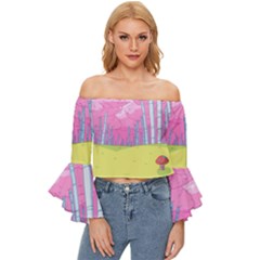 Red Mushroom Animation Adventure Time Cartoon Multi Colored Off Shoulder Flutter Bell Sleeve Top by Sarkoni