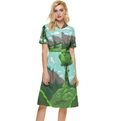 Adventure Time Cartoon Green Color Nature  Sky Button Top Knee Length Dress by Sarkoni