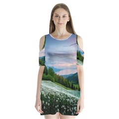Field Of White Petaled Flowers Nature Landscape Shoulder Cutout Velvet One Piece by Sarkoni
