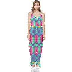 Checkerboard Squares Abstract Texture Patterns Sleeveless Tie Ankle Chiffon Jumpsuit by Apen