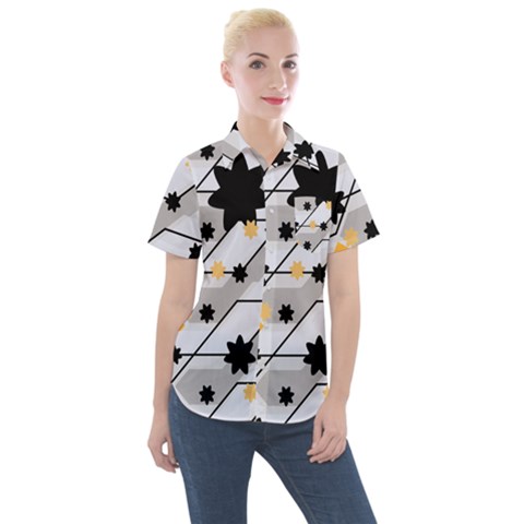 Flower Shape Abstract Pattern Women s Short Sleeve Pocket Shirt by Modalart
